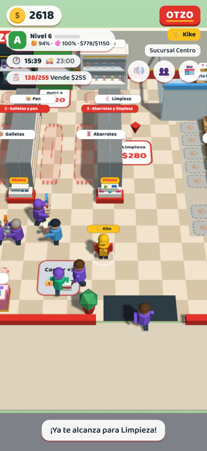 Pantalla del juego con la tienda y el HUD de dinero y nivel